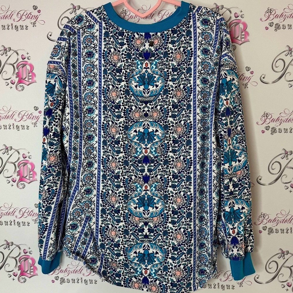 Northern Reflections Blue Floral Blouse paisley boho sweater pull over orange